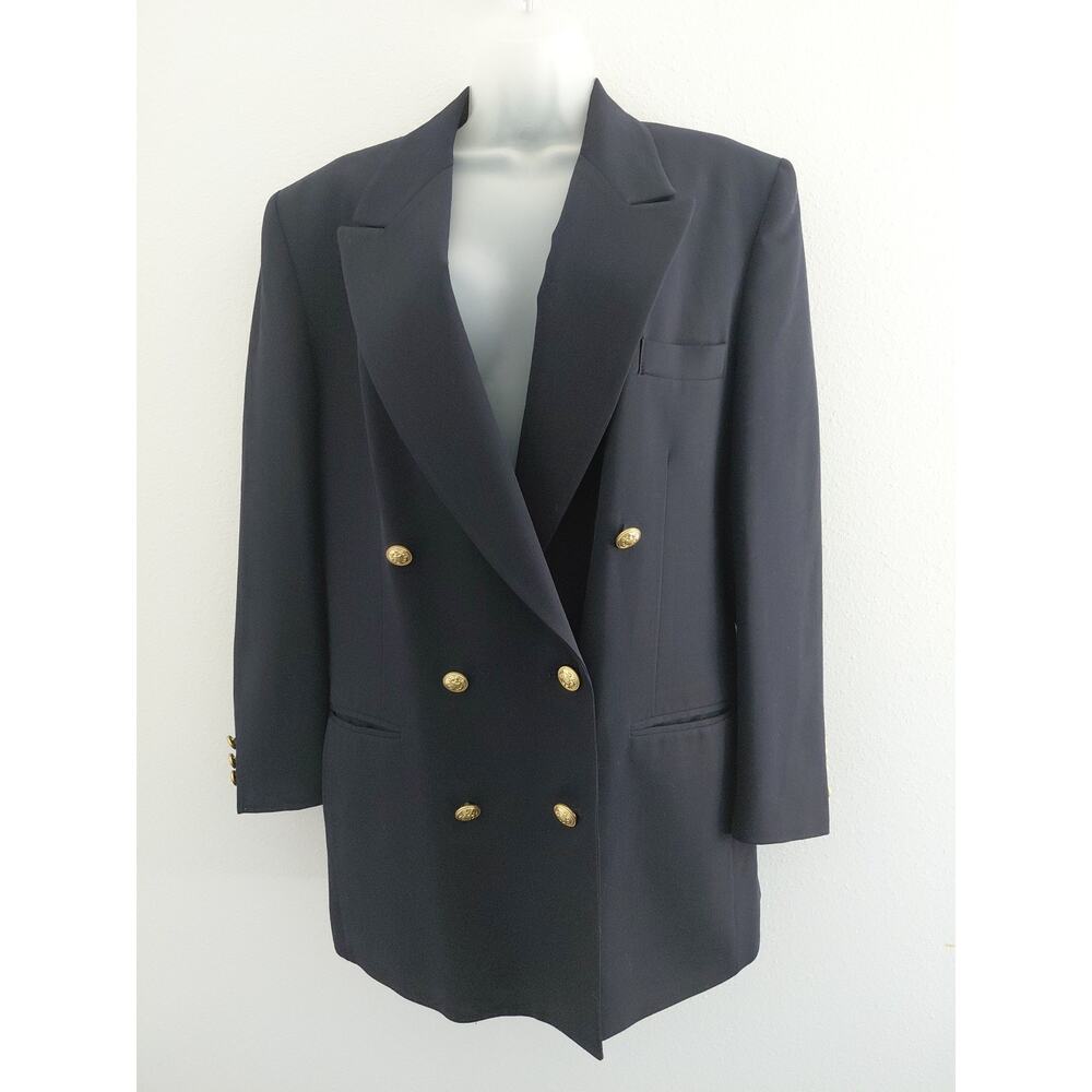 True VTG Navy Blue Wool Double Breasted Women’s Blazer Gold Buttons Size 12 Chic